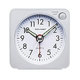 Ultra Small, Peakeep Battery Travel Alarm Clock with Snooze and Light, Silent with No Ticking Analog Quartz (White)