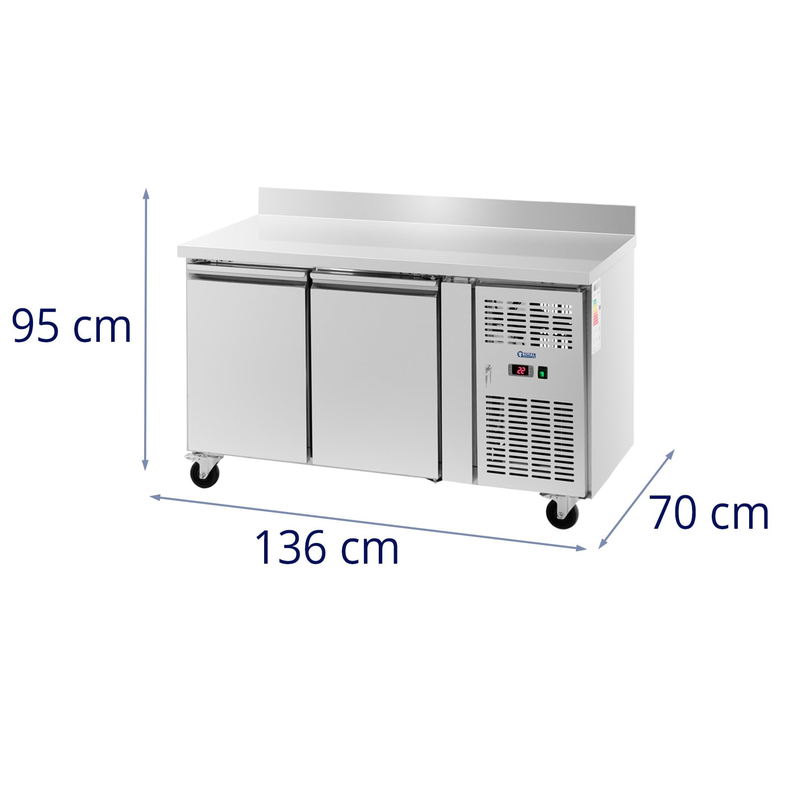 Royal Catering Banco refrigerato su ruote 260 l 2 scomparti 136 x 70 cm Classe B Alzatina Acciaio inox Tavolo refrigerato Banco frigo Banco frigorifero Banco frigo per gastronomia