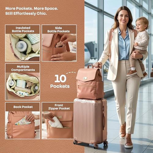 Image of R for Rabbit Caramello Bold Arise Diaper Bag for Mothers, Premium Vegan Leather with Insulated Bottle Pockets, Multi-Compartment Maternity Backpack, Fits 14 inch Laptop, 22 Litre Capacity (Sand Brown)