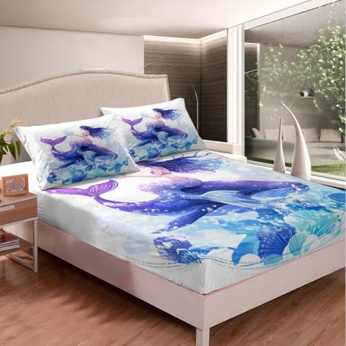 Homemissing Juego de sábanas bajeras de sirena para niños y niñas, diseño de ballenas, océano, marino, escamas de peces azules, concha, tamaño King, decoración de dormitorio, funda de cama de mundo