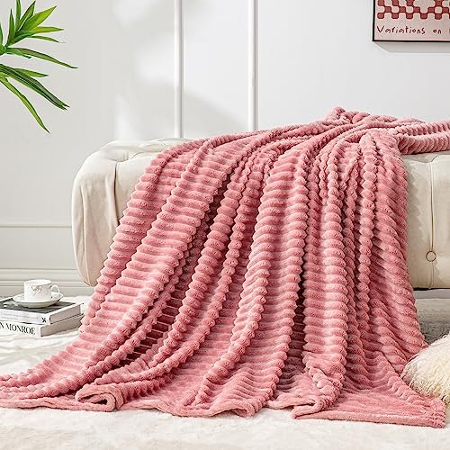 Image of BEDELITE 3D Ribbed Jacquard Pink Fleece Twin Blanket for Couch, 60x80 Inch