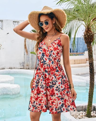 Image of STYLEWORD Womens Sundress Summer Floral Wrap V Neck Backless A-Line Casual Beach Midi Dress