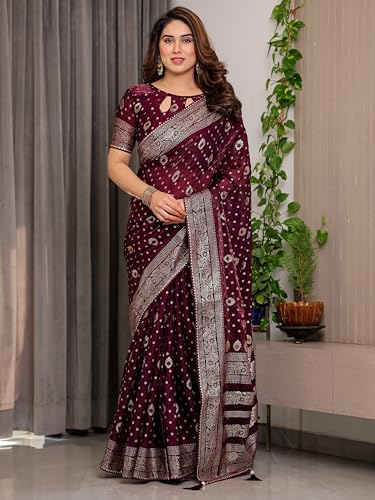 Image of ALMAARI FASHION Fendy Satin Foil Print Floral Saree with Tassels, Traditional Butti Motifs, 5.5m with 0.8m Blouse (FOIL 102 WINE H)