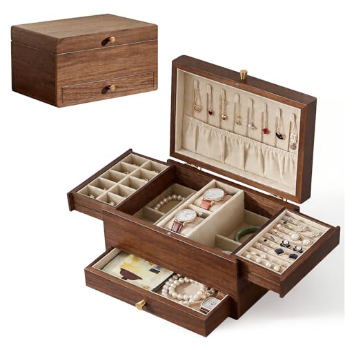 Boîte à bijoux bois haut de gamme grand coffret de rangement en bois précieux à 3 tiroirs - 2