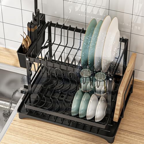 Image of Black 2 Tier Foldable Dish Drainer Rack - Stainless Steel, Large Rustproof for Kitchen Counter With Utensil Holder, Cup Holder and Drip Tray