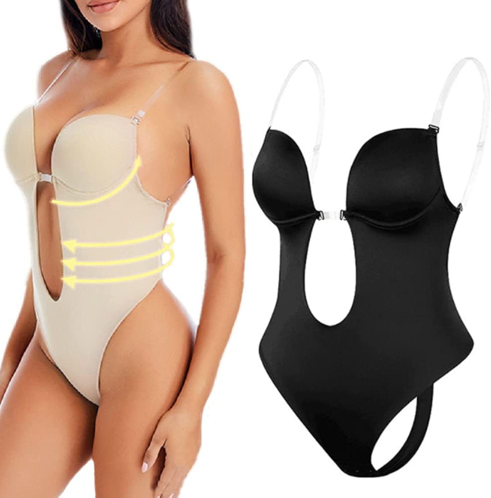 Biustonosz modelujący sylwetkę z głębokim dekoltem w serek, damska bielizna modelująca bez pleców, głęboki w kształcie litery U, bezszwowe stringi, pełne body (3XL, czarny)