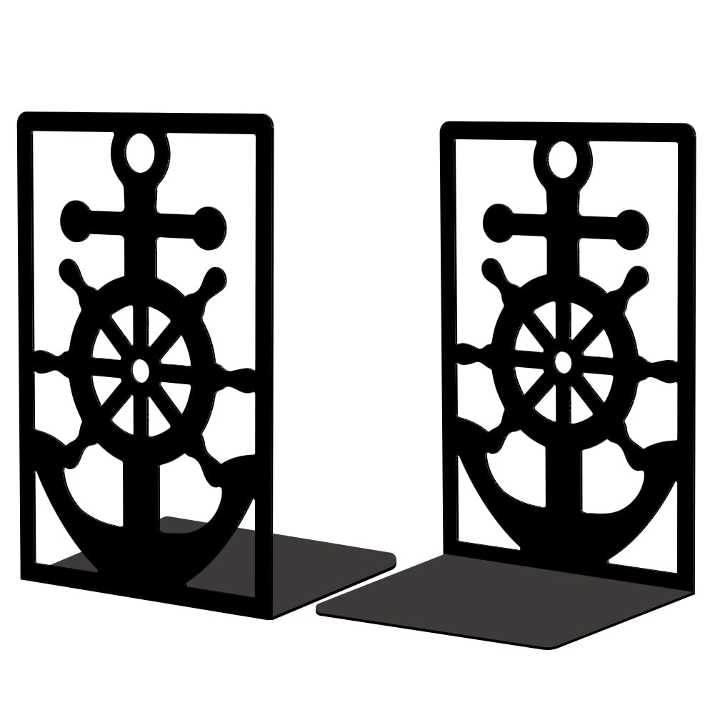 Peacoblue Metal Book Ends Stopper Holder Stand for Shelves Decorative, 13.5x11x20cm Modern Creative Heavy Duty Study Bookends Stoppers Holder Stand for Desk Shelf, 1 Pair (Anchor and Rudder)
