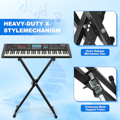 Image of Keyboard Stand, Height Adjustable Keyboard Stand, Keyboard Stand with Quick Release Mechanism, Double X Foldable Heavy Duty Instrument Stand with Locking Straps for 54-61-88 Key Electronic Pianos hhhy