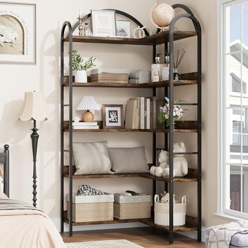 GarveeHome Corner Bookshelf Arched Bookcase, L Shaped Bookshelf Industrial Corner Shelf, Large Bookshelf With Metal Frame, Etagere Shelf Corner Display Rack for Living Room Bedroom
