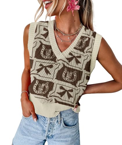 Image of MARZXIN Women Sleeveless Sweater V Neck Casual 2026 Fall Knitted Chevron V Neck Sweater Vest Color Block Pullover Sweater Top