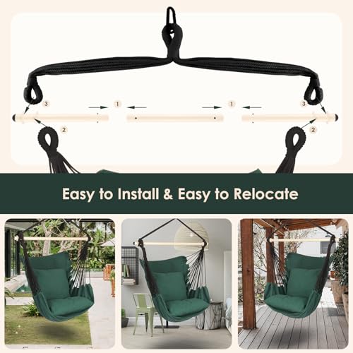 Image of Highwild Hammock Chair Hanging Rope Swing - Max 500 Lbs - 2 Cushions Included - Steel Spreader Bar with Anti-Slip Rings - for Any Indoor or Outdoor Spaces (D- Cushions Included-Green)