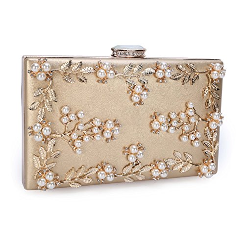 UBORSE Women's Floral Pearl Beaded Evening Handbags Flower Party Clutch Bridal Purse Gold