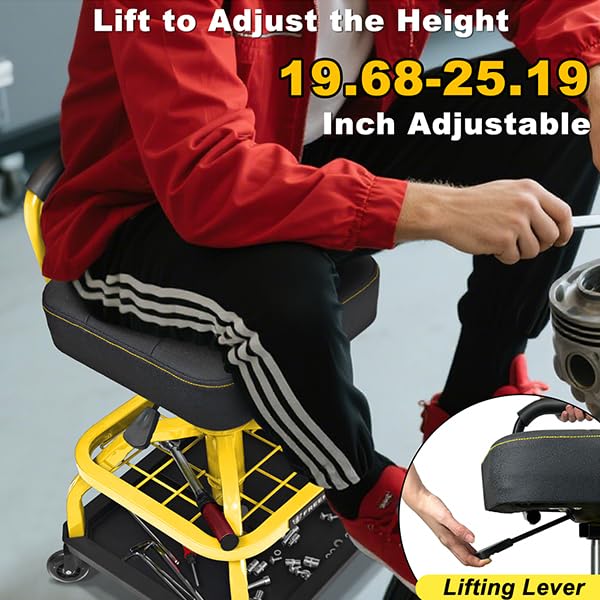 Image of Rolling Shop Stool with Wheels, Garage Mechanic Shop Chair with Handle Backrest, Adjustable Height Work Stool, Roller Seat with Tool Tray Storage, Heavy Duty, 330 LBS Capacity, Yellow