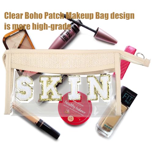 Clear Boho Patch Makeup Bag, Letter BEACH Cosmetic Bag, Transparent Travel Toiletry Bag, Waterproof Snacks Bag, Zipper Sunscreen Bag Gift for Women Girls (Beach)2