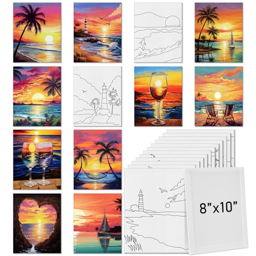 Tinlade 12 Pcs 7.9 x 9.8 Inch Pre Drawn Canvases for Painting Pre Stretched Canvas DIY Coloring Outline Painting Boards for Beginners Adults (Sea Sunset)