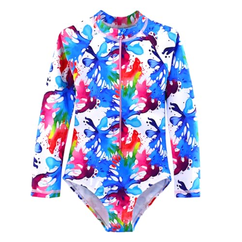 Image of Kids Girls Rash Guard Long Sleeve One Piece Swimsuits Zipper Bathing Suits UPF 50+ Tropical Plant Flowers Ages 3-12