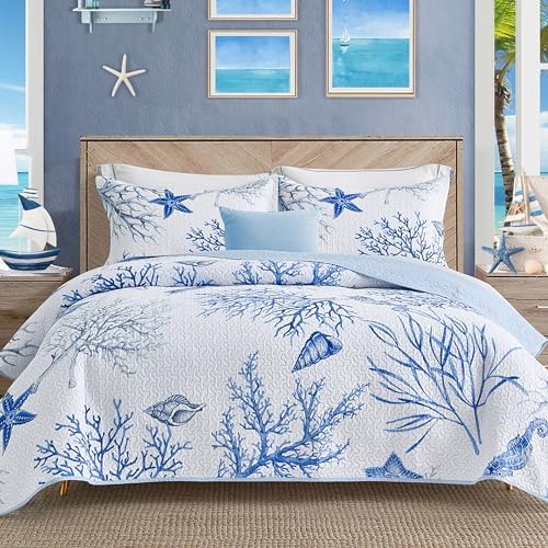 Beach Quilts Coastal Beach Themed Queen/Full Size Bedding Set 3 Piece Nautical Ocean Coral Starfish Lightweight Bedspread Coverlet Daybed Set with 2 Shams for All Season (Blue White, 90”x106”)