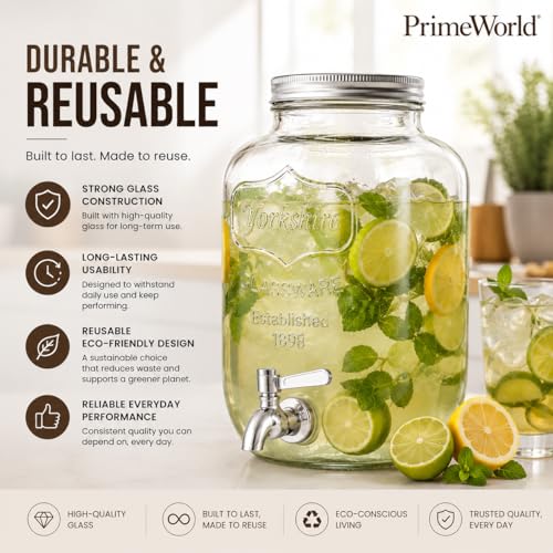 Image of PrimeWorld 1Pc 5 LTR Glass Water Beverage Dispenser - Air Tight Lid Glass Pitcher for Detox Water - Mason Jar - Counter Table Top Juice Water Beer Dispenser for Home & Kitchen Restaurant Party
