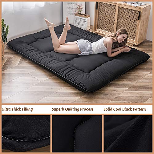 Image of MAXYOYO Japanese Floor Mattress Futon Mattress, 4 inch Thicken Tatami Mat Sleeping Pad Foldable Roll Up Mat Boys Girls Dormitory Pad Kids Floor Lounger, Black, Full