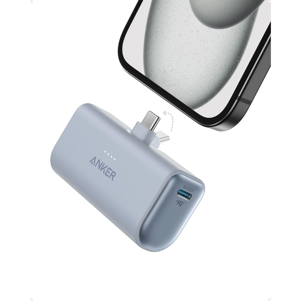 AnkerNano Power Bank with Built-in Foldable USB-C Connector, 5,000mAh Portable Charger 22.5W, for iPhone (15, Plus, Pro, Max), Samsung, Huawei, iPad Pro/Air, AirPods, & More, Blue Color