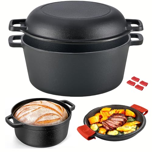 قدر هولندي من الحديد الزهر لخبز الخبز، بسعة 5 كوارت، وعاء معالج مسبقًا مع غطاء مقلاة، يشمل مستلزمات خبز العجين الحامض، وعاء من الحديد الزهر للقلي، التبطيخ، والشواء