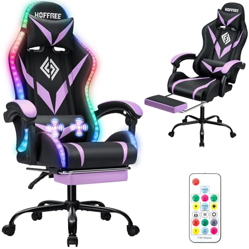 HOFFREE Gaming Chair with LED RGB Lights Massage Ergonomic Video Game Chairs with Footrest High Back Reclining Computer Chair with Adjustable Lumbar Support Purple and Black