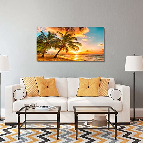 Ephany Golden Ocean Beach Palm Wall Art Art - 1 Piece Canvas Wall Art Sunset See Tree Landscape Canvas Paintings Posters Print On Canvas Stretched And Framed Ready To Hang (F-1Pcs,20X40Inchx1Pcs) #TOP2