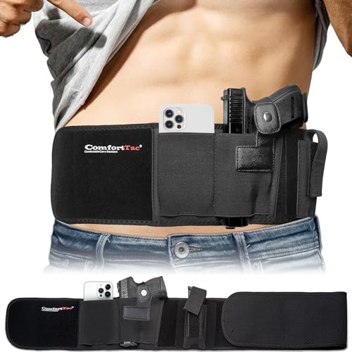 ComfortTac Gun Holsters for Concealed Carry - Ultimate Belly Band Pistol Holster for Men & Women, Belt Compatible with Smith and Wesson, Shield, Glock - Firearm Accessories, Black