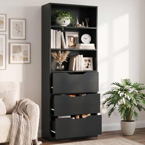 Image of Shintenchi Bookshelf,6-Tier Bookcase with 3 Drawers, 6 Shelf Display Storage Shelves Floor Standing 70.6 inches Tall Bookcase for Home Office, Living Room (Black)