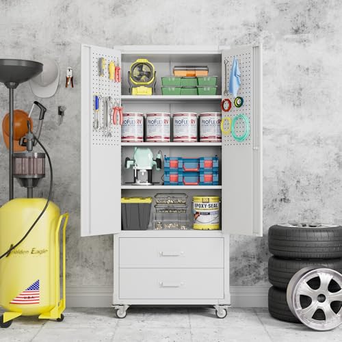 Image of Metal Garage Storage Cabinet with Wheels, 2 Drawers and Pegboard, White