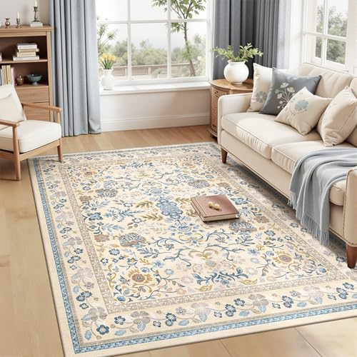 Tapete decorativo floral beige 5x7 pies lavable miniatura 1