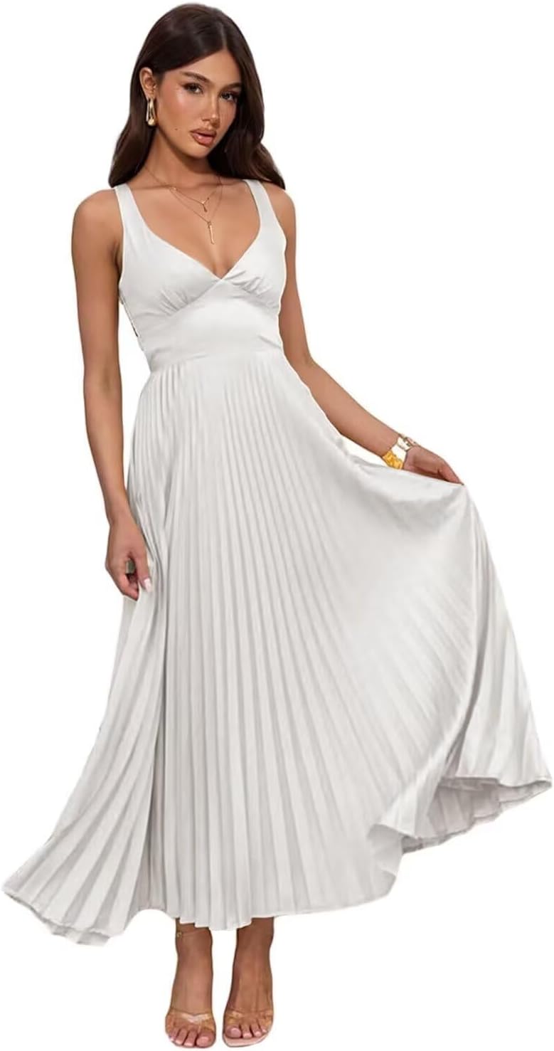 Tea Length Satin Bridesmaid Dresses with Pleates for Women V-Neck Pleated Formal Wedding Guest Dress