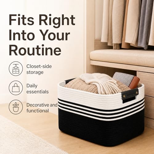 Image of Cotton Rope Laundry Basket Medium, 15.4GAL Collapsible Woven Storage Baskets for Living Room Kids Toys Stuffed Animal,Boho Rectangular Decorative Short Hamper for Dirty Clothes, Blankets White Black