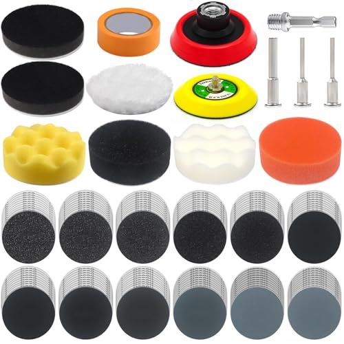 SWUMUO 134Pack 3 Inch Wet Dry Sanding Discs Kit for Drill Sanding Attachment 60 to 10000 Grit with 1/8 1/4 5/8 Adapters Buffing Pads for Car Headlight Cleaning Scratch Removal Auto Detailing