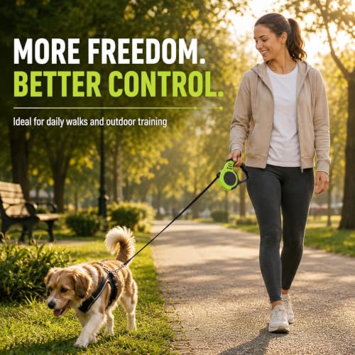 Image of Retractable Dog Leash 16 FT with Lock for Small & Medium Dogs | 16 FT retractable leash with one-touch lock, anti-slip grip, tangle-free tape & 360 hook for daily walks.