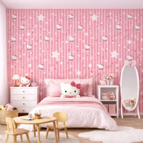 Image of Pink Kitty Stripe Kids Room Wallpaper | Cute Cartoon Nursery Wall Decor for Baby Room | Self Adhesive Peel & Stick Removable Wallpaper, Washable Wall Covering for Bedroom Nursery 2 x 50 Feet