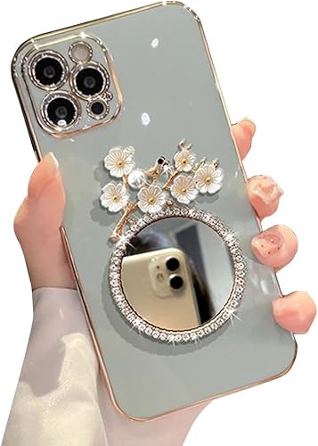 Miniatura 8 de Casechics Funda compatible con iPhone, espejo de diamante con purpurina, maquillaje con flores brillantes, galvanizado floral, protección de lente