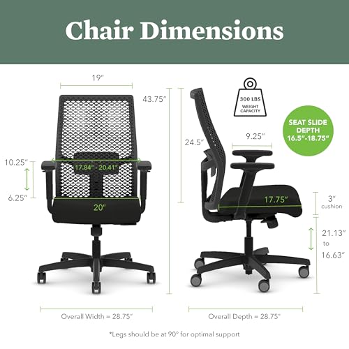 Image of HON Ignition 2.0 ReActiv Ergonomic Office Chair, Mesh Desk Chair with Lumbar Support, Synchro‑Tilt Recline, Height and Width Adjustable Arms, Swivel Wheels, Titanium Frame, Steel