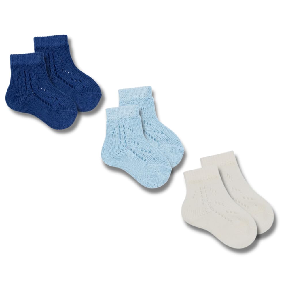 Coccoli | 3 Paia di Calzini Corti Neonato in Cotone Elasticizzato con Motivo Traforato, Calzini Traforati Neonato a Tinta Unita, Made in Italy