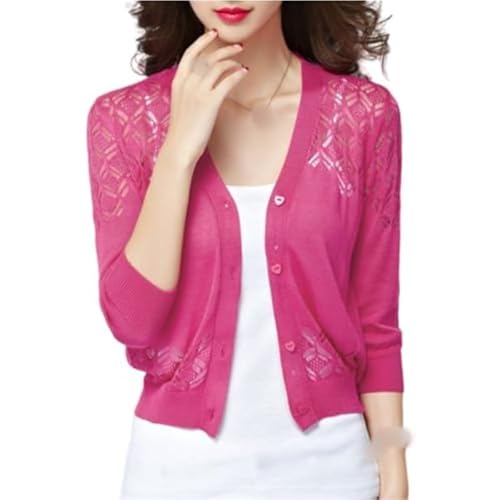 FWSHANGMAO Women'S Shrugs,Summer Knitted Croppe Jacket Women'S 3/4 Sleeves Shrug Heart Button Bolero Shrug Crochet Cardigan Stretch Cropped Top Cardigan See Through Cover-Up For Dresses,Rose Red,S
