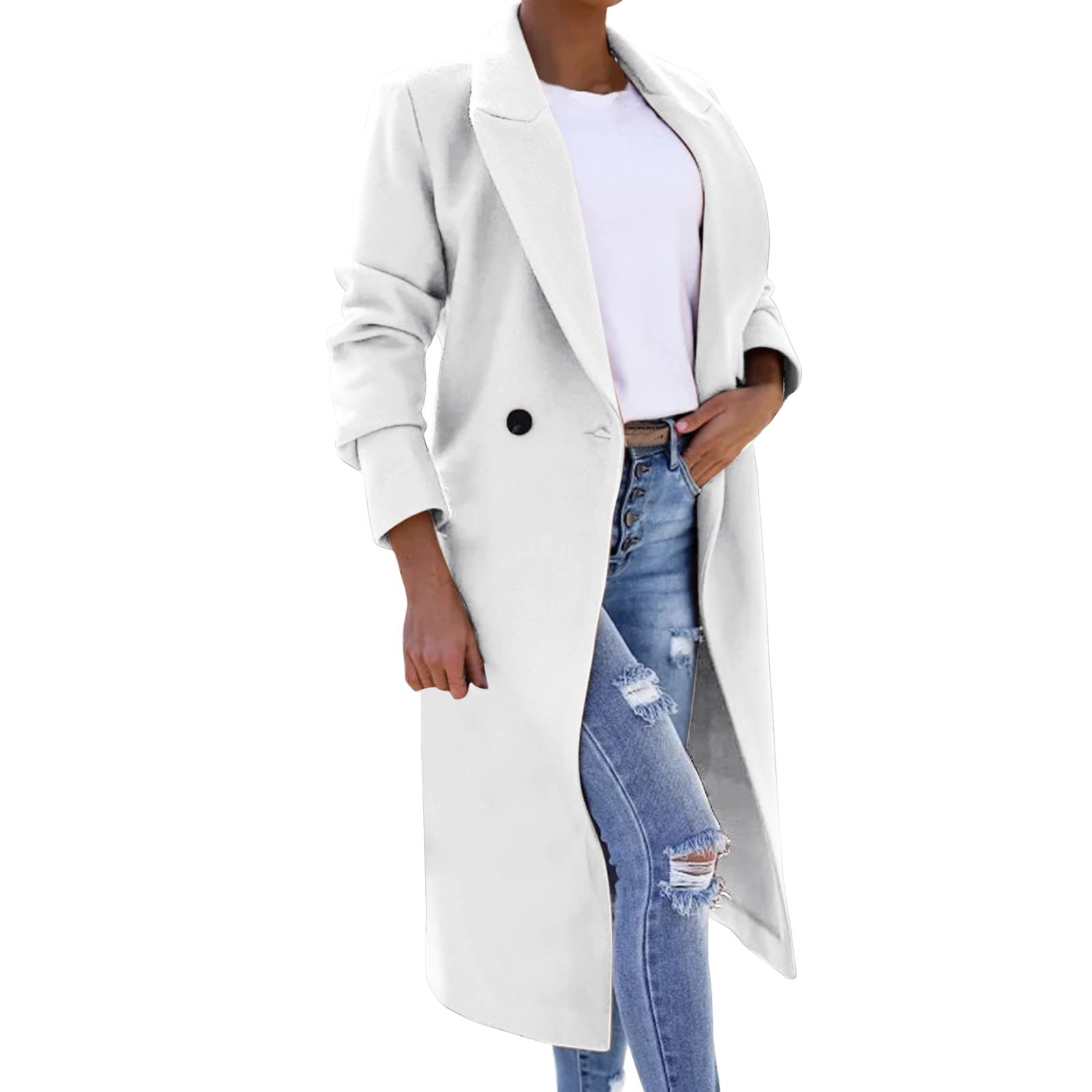 Teptdiriowomens Double Breasted Pea Coat Lapel Wool Blend Long