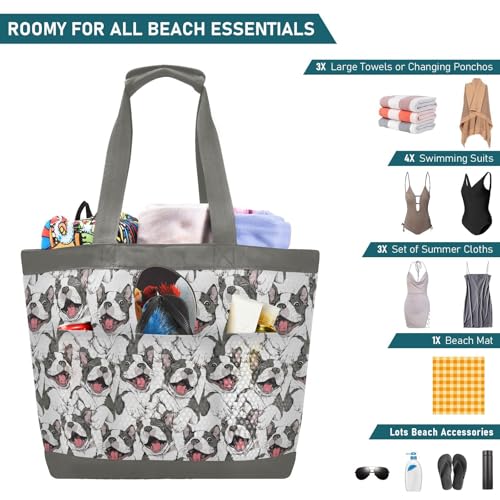 Beach Bags for Women Boston Terrier Dog Large Waterproof Beach Tote Bag Zipper Beach Bags Waterproof Sandproof Swim Pool Bag4