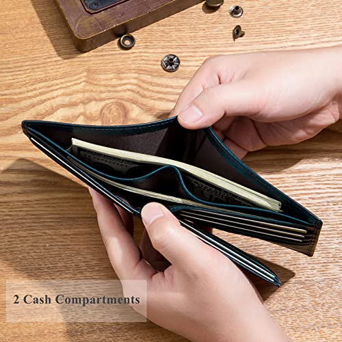 BULLCAPTAIN RFID Wallets for Men Slim Bifold Genuine Leather Front Pocket Wallet with 2 ID Windows QB-05, Peacock Blue, Small, Retro