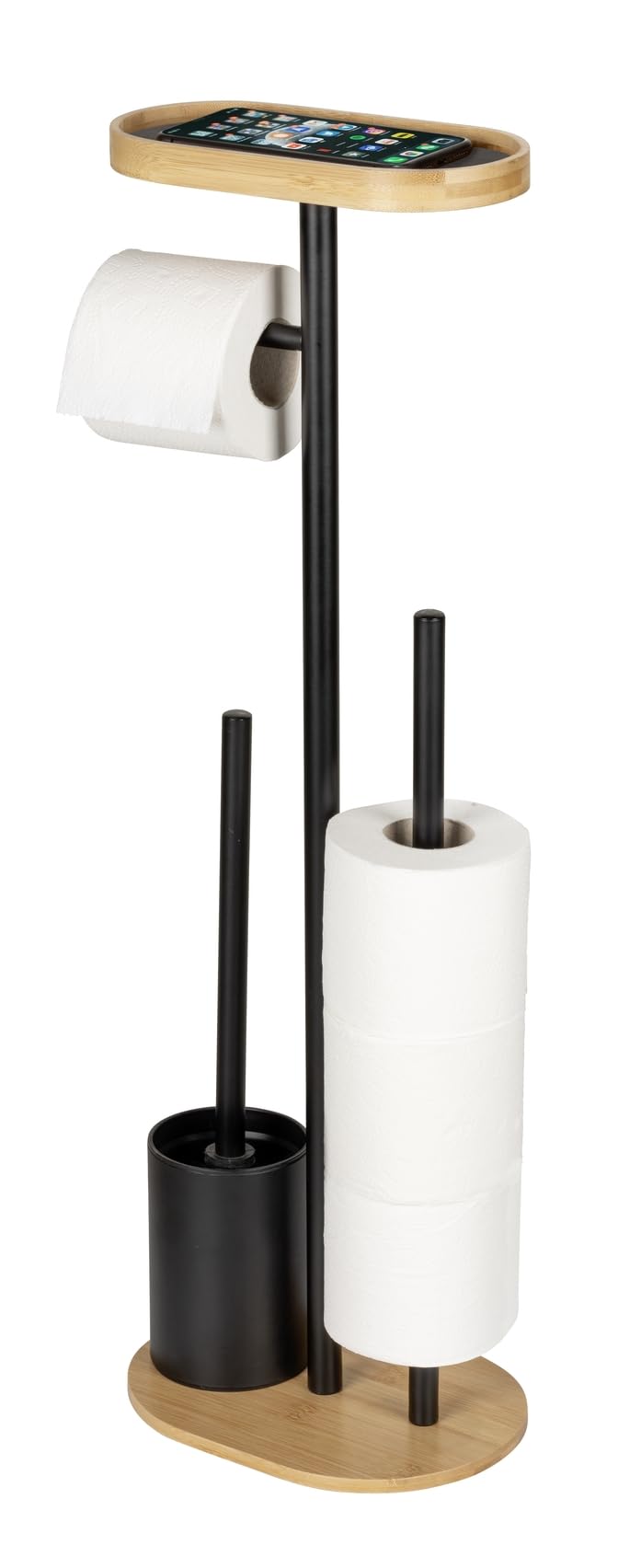 Stand WC-Garnitur Mod. Pomarolo, Bambus, Stahl, Natur/schwarz, 25x70,5x17 cm, inklusive Ablagefläche für Handy