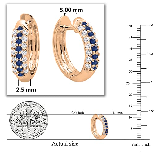 Dazzlingrock Collection Round Blue Sapphire & White Diamond Pave Set Hinged Post Huggies Hoop Earrings For Her In 14K Rose Gold #TOP2