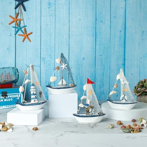 Image of Decorative Sailboat Nautical Model Showpiece - 16x3x11.5 cm | Miniature Sailing Boat Showpiece for Home Decor, Cafe, Office & Table Desk Decoration | Small Size Dark Blue-Light House