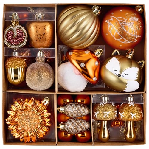 Valery Madelyn Fall Tree Ornaments for Home, 50ct Shatterproof Fall Tree Decorations Orange Hanging Ball Gnome Decor for Harvest Thanksgiving Autumn