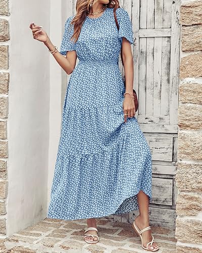 Image of PRETTYGARDEN Women's Casual Smocked Boho Floral A-Line Maxi Dress 2026 | Summer Short Flutter Sleeve Crewneck Tiered Long Sundress,Fall Wedding Guest Dresses,Spring Cute Flowy Beach Vacation Clothes
