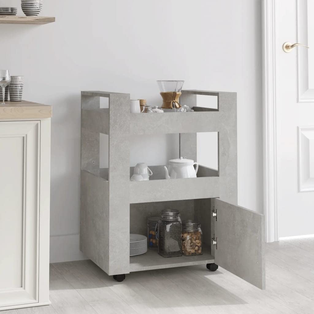 Carro de cocina gris hormigón de madera 60 x 45 x 80 cm, carrito con ruedas con 2 estantes y compartimento, carro auxiliar para cocina, espacio de almacenamiento y almacenamiento en la vida