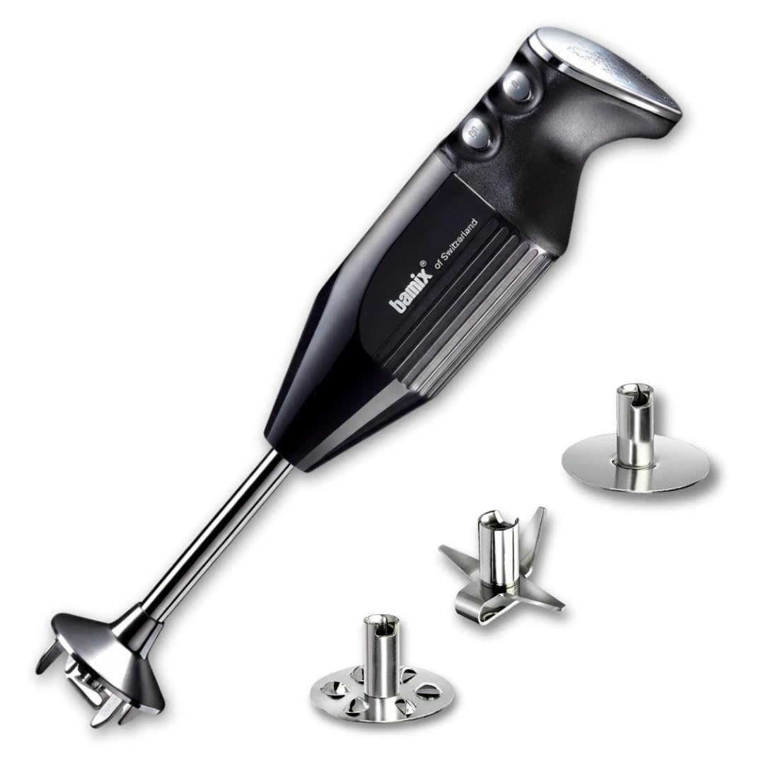 bamix Set avec mixeur plongeant M250 PRIME avec couteau étoile, disque fouet et disque mélangeur en inox, 250 W, 2 vitesses, Fabriqué en Suisse, Noir/Chromé
